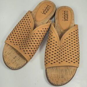 Lucca Lane Womens Tan Leather Laser Cut Perforated Cork Slide Sandals Size 10